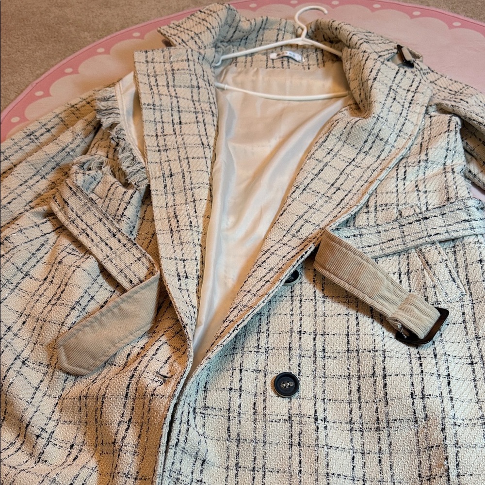 Long Belted Tweed Plaid Trench Coat, Elegant Oversized Fit - Picture 3 of 5